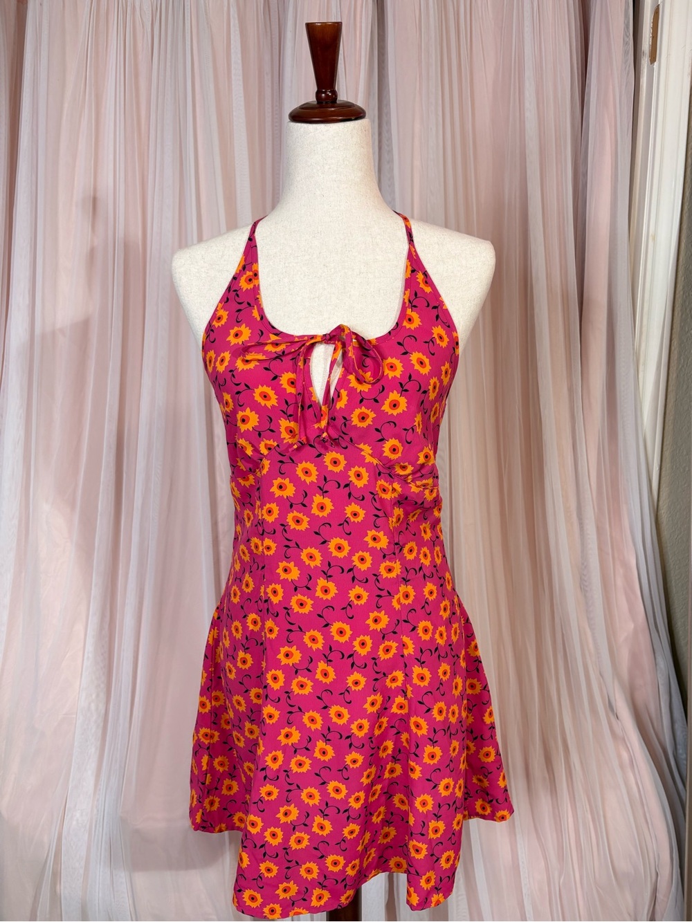 Vintage, Y2K, Contempo Casuals, Pink and Yellow Floral Halter Mini Dress Sz 5